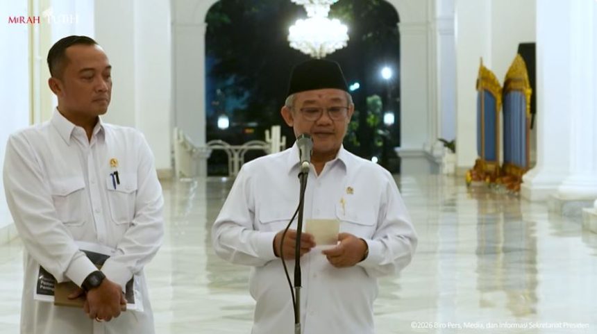Mendikdasmen Abdul Mu'ti memberikan siaran pers usai menerima arahan dari Presiden Prabowo Subianto, Kamis (1162026) malam. (Foto Tangkap layar dari chanel YouTube Sekretarat Presiden)